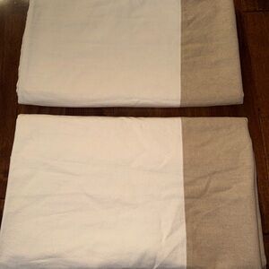 Pottery Barn Linen Blend Beige On Tan Border Lined 2 Curtain Panels. 50”X84”